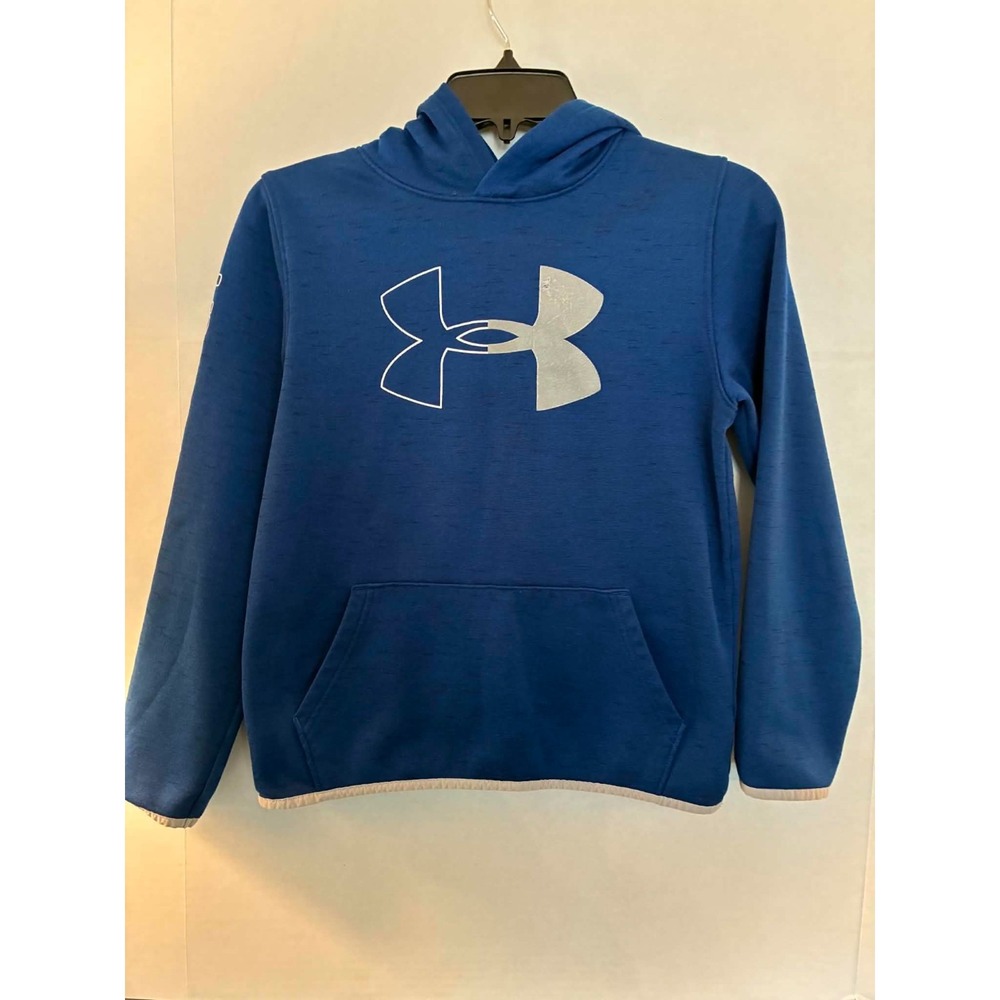 Under Armour Boys YLG Blue ColdGear Hoodie Big Logo Athletic Pullover